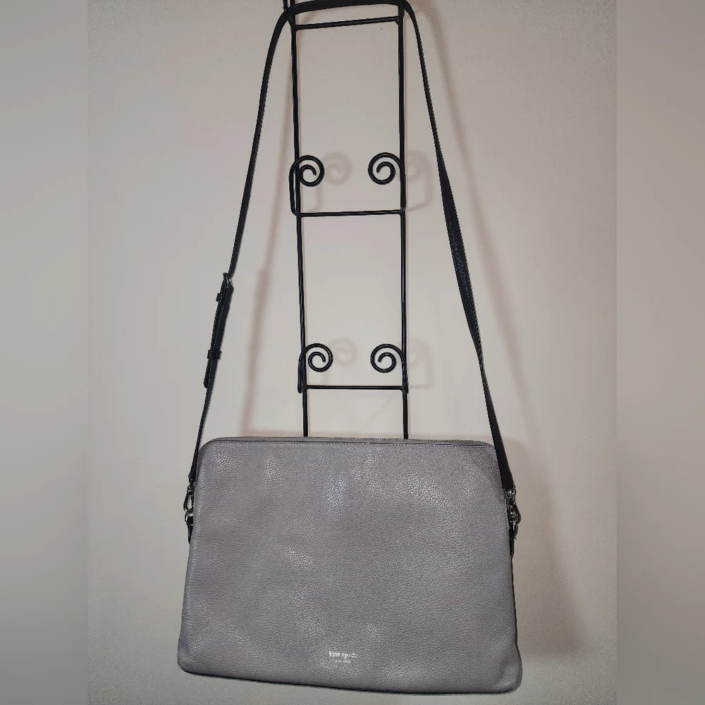 Kate Spade New York Leather Laptop Gray Navy Blue Black Case Carryall Bag